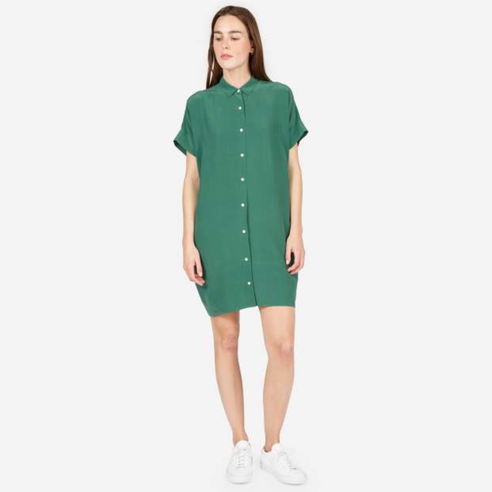 Everlane Silk Square Shirt Dress in Moss